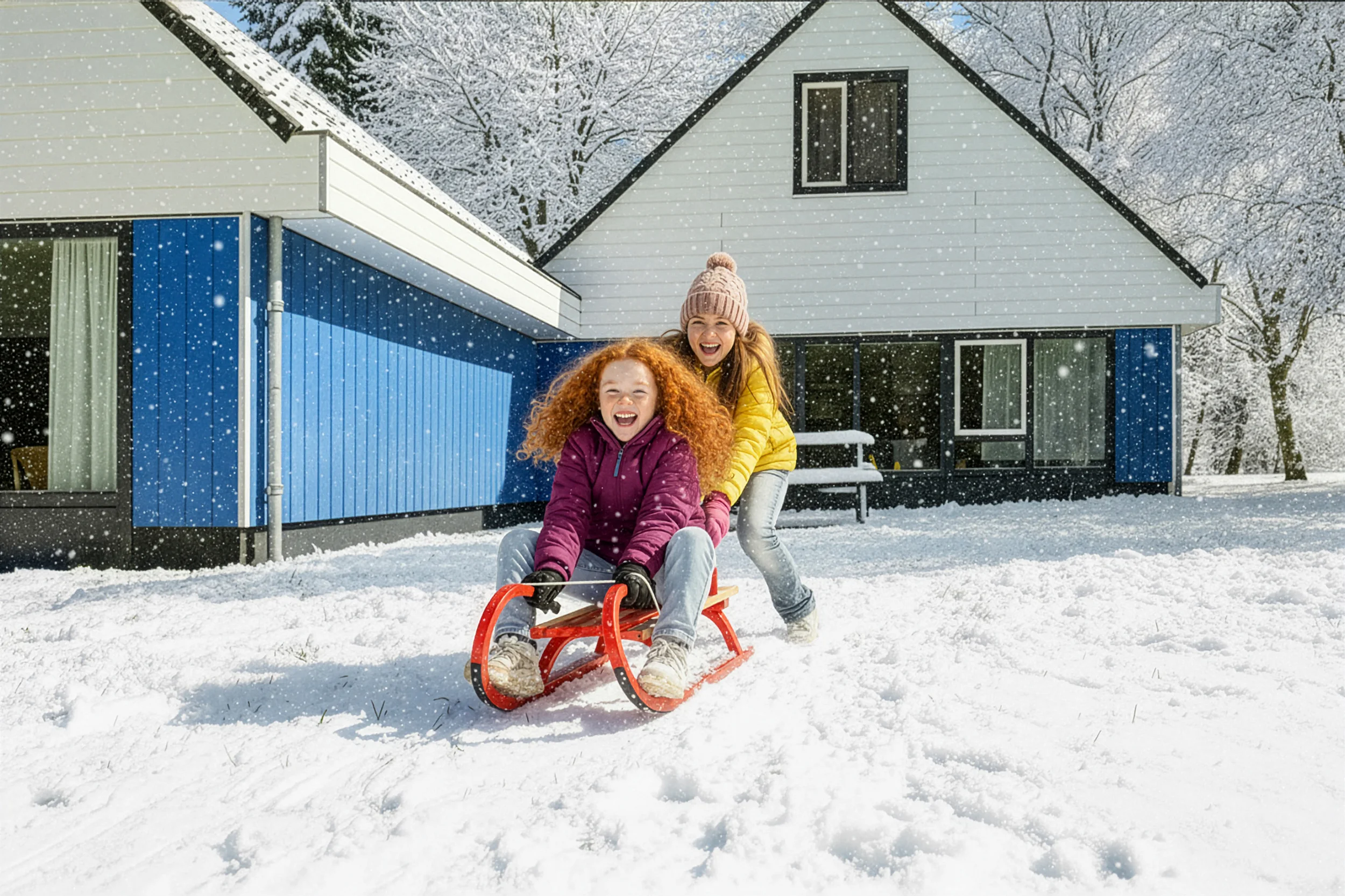 Twee blije meisjes op een slee in de sneeuw
