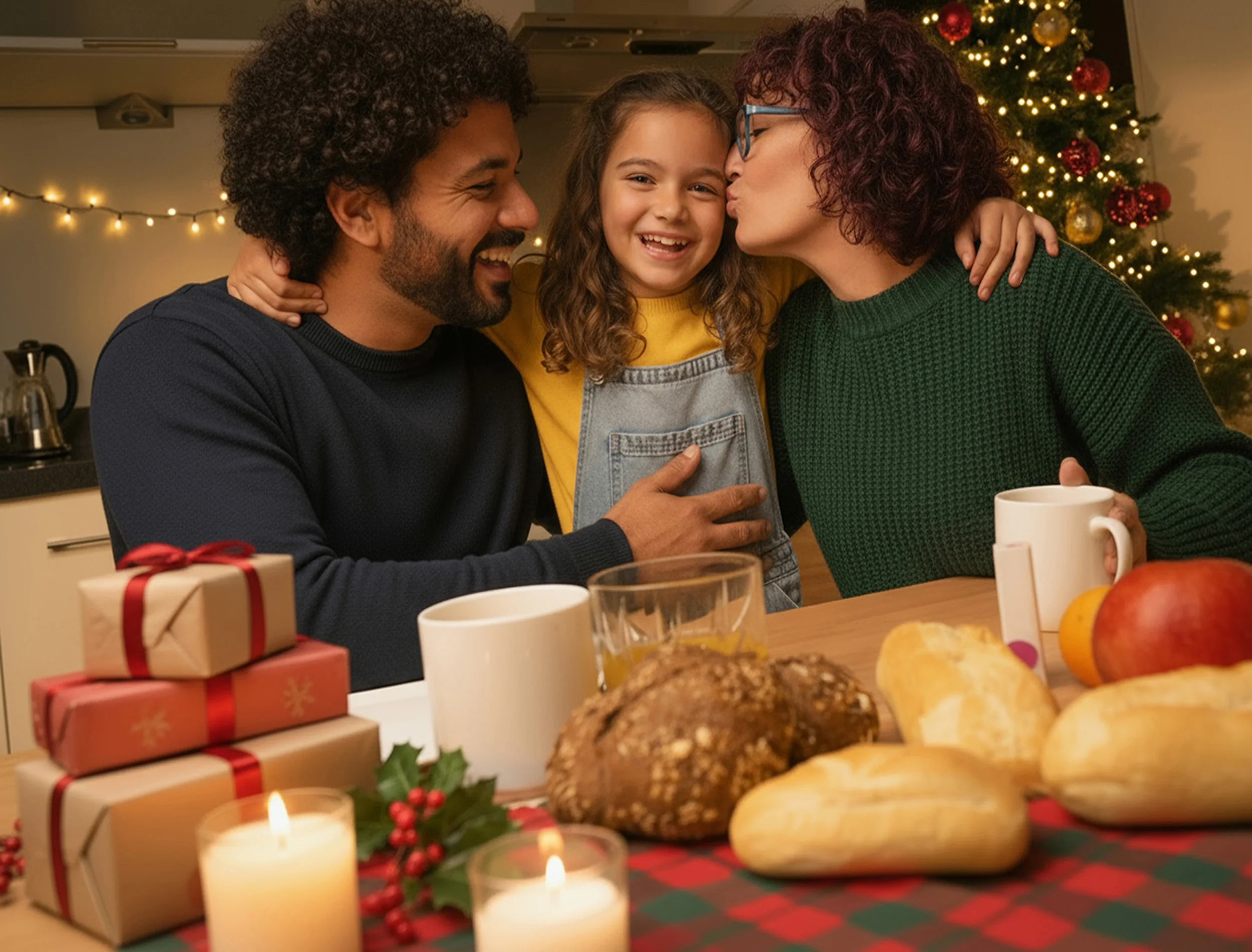 Vrolijk gezin van drie aan het ontbijt met kado's